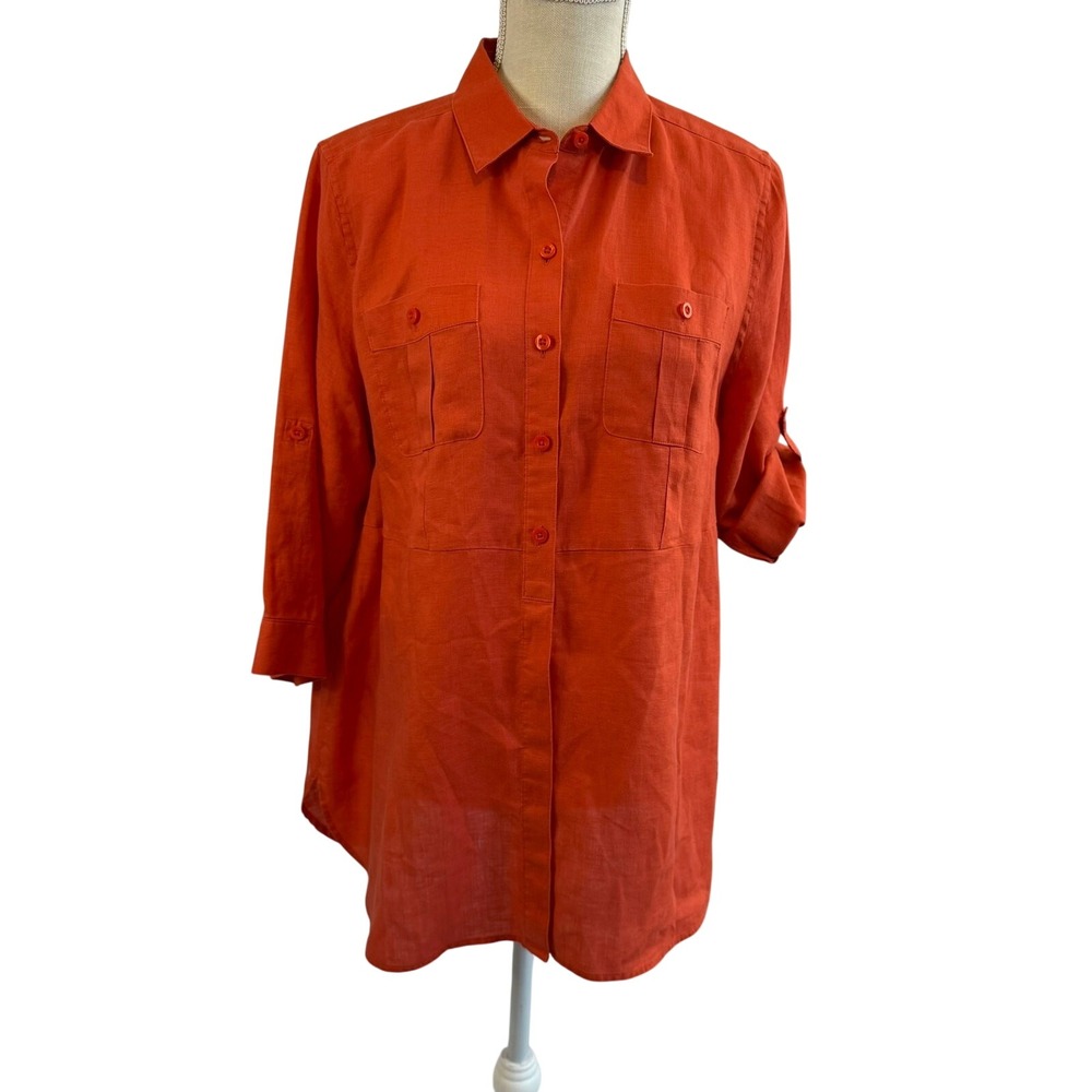 CHICO'S No Iron Linen Tunic Top‎ Pet-L Linen Solid Coral Boho Coastal Travel